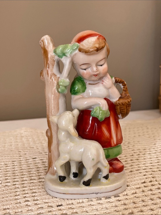 Other - Hand-Painted Ceramic Girl with Lamb Figurine in Red and Green